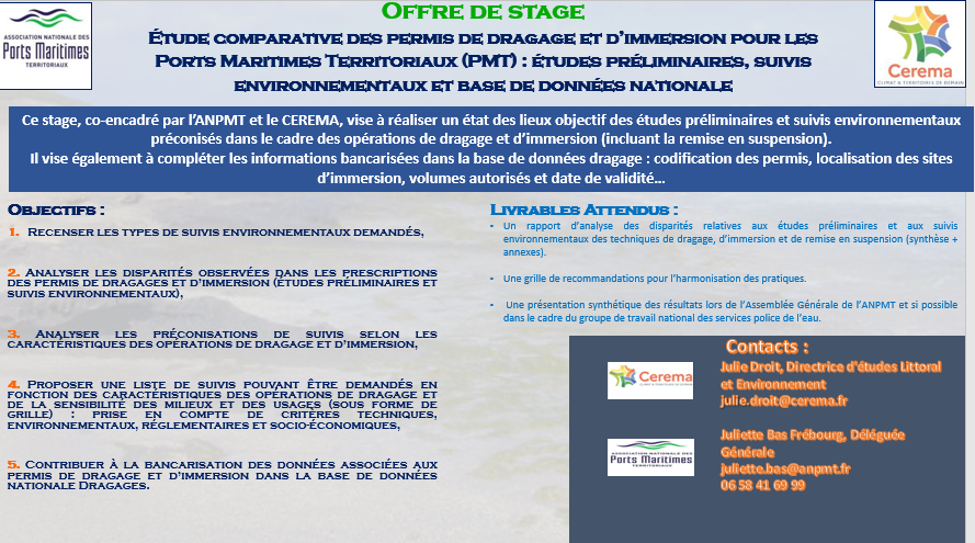 OFFRE DE STAGE : Étude comparative des permis de dragage et d’immersion pour les Ports Maritimes Territoriaux (PMT) : études préliminaires, suivis environnementaux et base de données nationale
